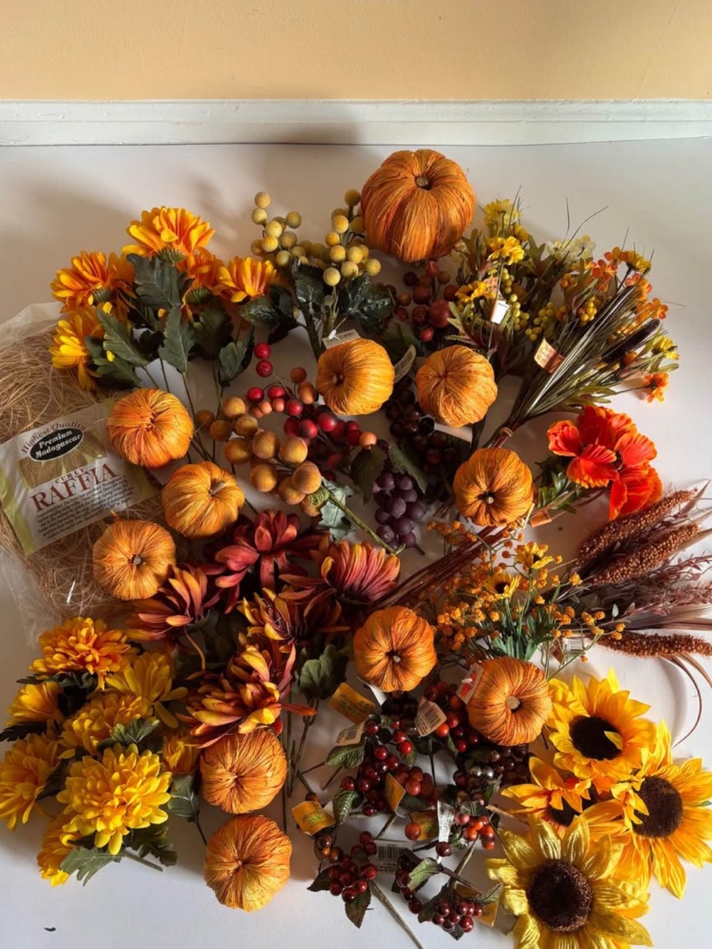 Unused Fall Flower Picks, Pumpkins, And Raffia